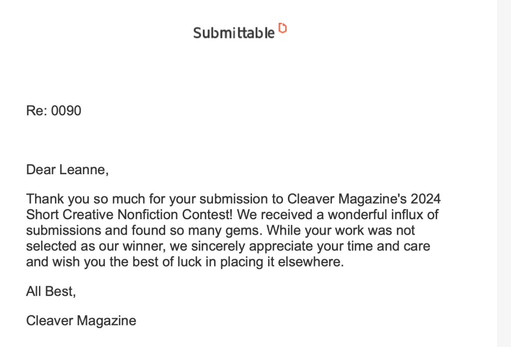 Rejection letter from via Submittable from Cleaver Magazine.